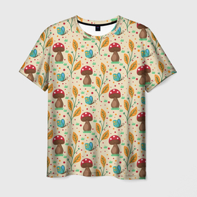 Мужская футболка 3D с принтом Лесные грибочки , 100% полиэфир | прямой крой, круглый вырез горловины, длина до линии бедер | 