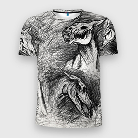 Мужская футболка 3D Slim с принтом Черепа лошадей   эскиз в Курске, 100% полиэстер с улучшенными характеристиками | приталенный силуэт, круглая горловина, широкие плечи, сужается к линии бедра | Тематика изображения на принте: 