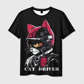 Мужская футболка 3D с принтом Cat driver в Кировске, 100% полиэфир | прямой крой, круглый вырез горловины, длина до линии бедер | 