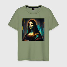 Мужская футболка хлопок с принтом Мона Лиза в стиле киберпанк   нейросеть в Екатеринбурге, 100% хлопок | прямой крой, круглый вырез горловины, длина до линии бедер, слегка спущенное плечо. | 