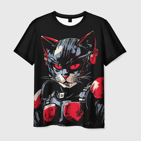 Мужская футболка 3D с принтом Brutal cat in armor в Кировске, 100% полиэфир | прямой крой, круглый вырез горловины, длина до линии бедер | 