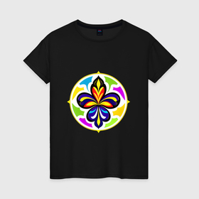 Женская футболка хлопок с принтом Гербовая лилия в цветовой абстракции в Курске, 100% хлопок | прямой крой, круглый вырез горловины, длина до линии бедер, слегка спущенное плечо | 