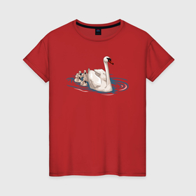 Женская футболка хлопок с принтом Лебеди и лебедята , 100% хлопок | прямой крой, круглый вырез горловины, длина до линии бедер, слегка спущенное плечо | 