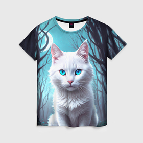 Женская футболка 3D с принтом Фэнтези кот белый в Курске, 100% полиэфир ( синтетическое хлопкоподобное полотно) | прямой крой, круглый вырез горловины, длина до линии бедер | 