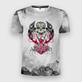 Мужская футболка 3D Slim с принтом Amon Amarth first kill в Белгороде, 100% полиэстер с улучшенными характеристиками | приталенный силуэт, круглая горловина, широкие плечи, сужается к линии бедра | 