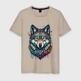 Мужская футболка хлопок с принтом Лесной яркий волк в Курске, 100% хлопок | прямой крой, круглый вырез горловины, длина до линии бедер, слегка спущенное плечо. | 