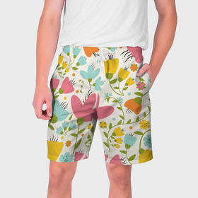 Мужские шорты 3D с принтом Весенние тюльпаны в Тюмени,  полиэстер 100% | прямой крой, два кармана без застежек по бокам. Мягкая трикотажная резинка на поясе, внутри которой широкие завязки. Длина чуть выше колен | 
