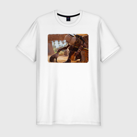 Мужская футболка хлопок Slim с принтом Ассасин гладит кота в Петрозаводске, 92% хлопок, 8% лайкра | приталенный силуэт, круглый вырез ворота, длина до линии бедра, короткий рукав | 