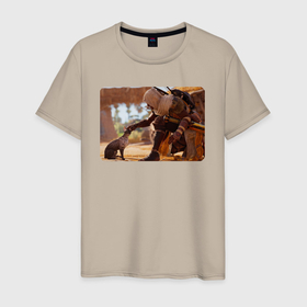 Мужская футболка хлопок с принтом Ассасин гладит кота в Петрозаводске, 100% хлопок | прямой крой, круглый вырез горловины, длина до линии бедер, слегка спущенное плечо. | 