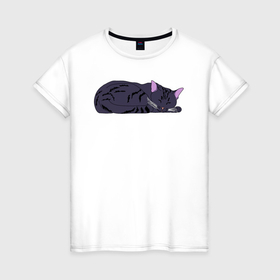 Женская футболка хлопок с принтом Котик хорошо спит в Тюмени, 100% хлопок | прямой крой, круглый вырез горловины, длина до линии бедер, слегка спущенное плечо | 