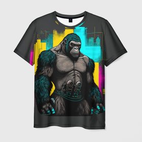 Мужская футболка 3D с принтом Киберпанк горилла в Кировске, 100% полиэфир | прямой крой, круглый вырез горловины, длина до линии бедер | 