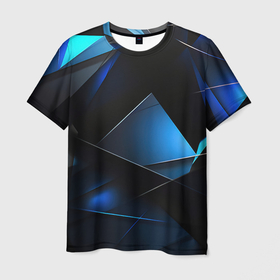 Мужская футболка 3D с принтом черные и синие элементы в Кировске, 100% полиэфир | прямой крой, круглый вырез горловины, длина до линии бедер | 
