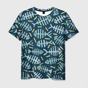 Мужская футболка 3D с принтом Рыбы скелетоны , 100% полиэфир | прямой крой, круглый вырез горловины, длина до линии бедер | 
