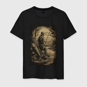 Мужская футболка хлопок с принтом рыбалка  на удочку в Кировске, 100% хлопок | прямой крой, круглый вырез горловины, длина до линии бедер, слегка спущенное плечо. | 