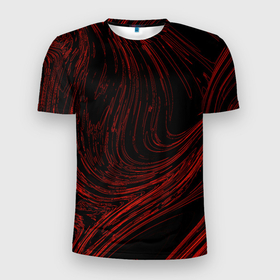 Мужская футболка 3D Slim с принтом Абстракция красные кривые линии на черном в Белгороде, 100% полиэстер с улучшенными характеристиками | приталенный силуэт, круглая горловина, широкие плечи, сужается к линии бедра | Тематика изображения на принте: 