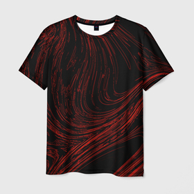 Мужская футболка 3D с принтом Абстракция красные кривые линии на черном в Белгороде, 100% полиэфир | прямой крой, круглый вырез горловины, длина до линии бедер | Тематика изображения на принте: 