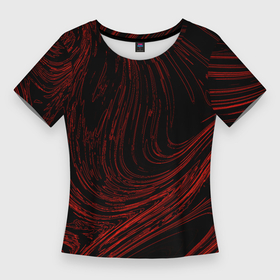 Женская футболка 3D Slim с принтом Абстракция красные кривые линии на черном ,  |  | 