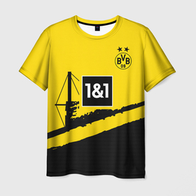 Мужская футболка 3D с принтом ФК Боруссия Дортмунд форма 23 24 домашняя в Тюмени, 100% полиэфир | прямой крой, круглый вырез горловины, длина до линии бедер | 