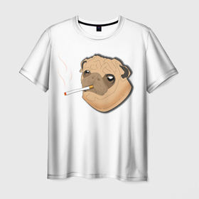 Мужская футболка 3D с принтом Мопс курящий , 100% полиэфир | прямой крой, круглый вырез горловины, длина до линии бедер | 
