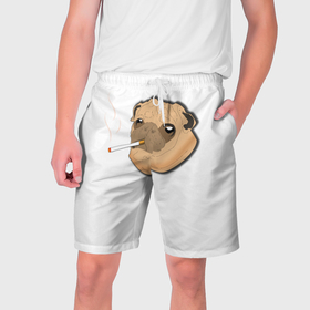 Мужские шорты 3D с принтом Мопс курящий ,  полиэстер 100% | прямой крой, два кармана без застежек по бокам. Мягкая трикотажная резинка на поясе, внутри которой широкие завязки. Длина чуть выше колен | 