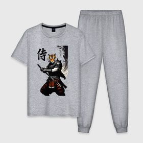 Мужская пижама хлопок с принтом Тигр самурай   иероглиф в Кировске, 100% хлопок | брюки и футболка прямого кроя, без карманов, на брюках мягкая резинка на поясе и по низу штанин
 | 