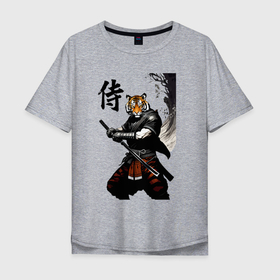 Мужская футболка хлопок Oversize с принтом Тигр самурай   иероглиф в Курске, 100% хлопок | свободный крой, круглый ворот, “спинка” длиннее передней части | 