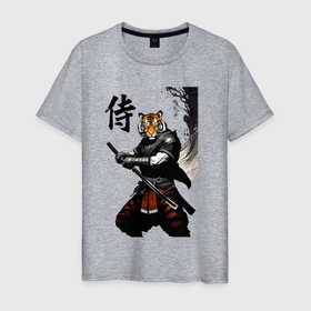 Мужская футболка хлопок с принтом Тигр самурай   иероглиф в Рязани, 100% хлопок | прямой крой, круглый вырез горловины, длина до линии бедер, слегка спущенное плечо. | 