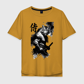 Мужская футболка хлопок Oversize с принтом Tiger samurai   hieroglyph   art в Тюмени, 100% хлопок | свободный крой, круглый ворот, “спинка” длиннее передней части | 