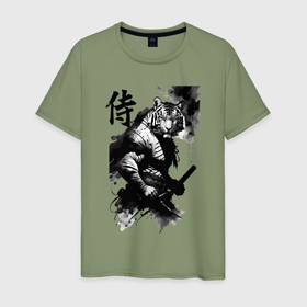 Мужская футболка хлопок с принтом Tiger samurai   hieroglyph   art в Тюмени, 100% хлопок | прямой крой, круглый вырез горловины, длина до линии бедер, слегка спущенное плечо. | Тематика изображения на принте: 