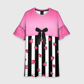 Детское платье 3D с принтом Костюм Барби: полоска с розами в Кировске, 100% полиэстер | прямой силуэт, чуть расширенный к низу. Круглая горловина, на рукавах — воланы | 