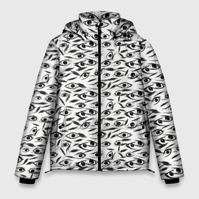 Мужская зимняя куртка 3D с принтом Море глаз на белом фоне в Тюмени, верх — 100% полиэстер; подкладка — 100% полиэстер; утеплитель — 100% полиэстер | длина ниже бедра, свободный силуэт Оверсайз. Есть воротник-стойка, отстегивающийся капюшон и ветрозащитная планка. 

Боковые карманы с листочкой на кнопках и внутренний карман на молнии. | 