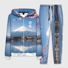 Мужской костюм 3D с принтом Цветущая сакура на фоне Фудзиямы   Япония , 100% полиэстер | Манжеты и пояс оформлены тканевой резинкой, двухслойный капюшон со шнурком для регулировки, карманы спереди | 
