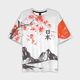 Мужская футболка oversize 3D с принтом Цветущая сакура и солнце   Япония в Кировске,  |  | 