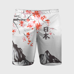 Мужские шорты спортивные с принтом Цветущая сакура и солнце   Япония в Кировске,  |  | 
