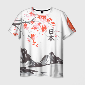 Мужская футболка 3D с принтом Цветущая сакура и солнце   Япония в Екатеринбурге, 100% полиэфир | прямой крой, круглый вырез горловины, длина до линии бедер | 