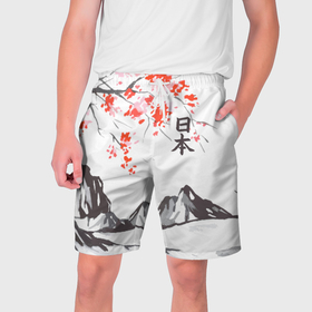 Мужские шорты 3D с принтом Цветущая сакура и солнце   Япония в Екатеринбурге,  полиэстер 100% | прямой крой, два кармана без застежек по бокам. Мягкая трикотажная резинка на поясе, внутри которой широкие завязки. Длина чуть выше колен | 