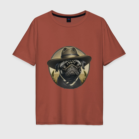 Мужская футболка хлопок Oversize с принтом Мопс в шляпе , 100% хлопок | свободный крой, круглый ворот, “спинка” длиннее передней части | Тематика изображения на принте: 