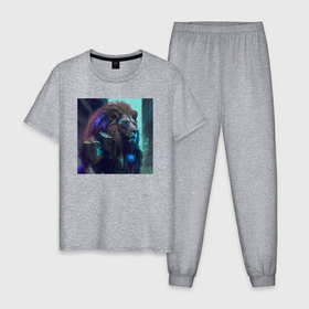 Мужская пижама хлопок с принтом Лев в стиле киберпанк   нейросеть в Петрозаводске, 100% хлопок | брюки и футболка прямого кроя, без карманов, на брюках мягкая резинка на поясе и по низу штанин
 | 