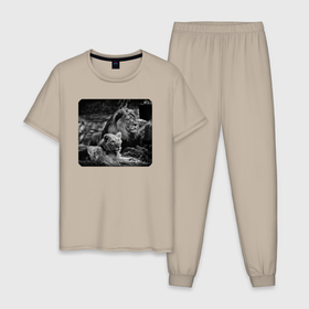 Мужская пижама хлопок с принтом Лев и львица чёрно белые в Белгороде, 100% хлопок | брюки и футболка прямого кроя, без карманов, на брюках мягкая резинка на поясе и по низу штанин
 | 