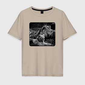 Мужская футболка хлопок Oversize с принтом Лев и львица чёрно белые в Тюмени, 100% хлопок | свободный крой, круглый ворот, “спинка” длиннее передней части | 