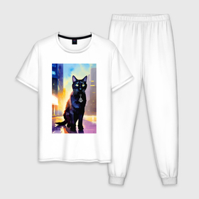 Мужская пижама хлопок с принтом Чёрный котяра с медальоном   акварель в Новосибирске, 100% хлопок | брюки и футболка прямого кроя, без карманов, на брюках мягкая резинка на поясе и по низу штанин
 | Тематика изображения на принте: 