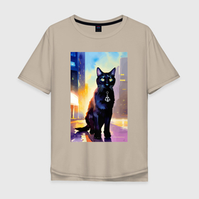 Мужская футболка хлопок Oversize с принтом Чёрный котяра с медальоном   акварель в Новосибирске, 100% хлопок | свободный крой, круглый ворот, “спинка” длиннее передней части | Тематика изображения на принте: 