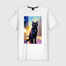 Мужская футболка хлопок Slim с принтом Чёрный котяра с медальоном   акварель в Новосибирске, 92% хлопок, 8% лайкра | приталенный силуэт, круглый вырез ворота, длина до линии бедра, короткий рукав | Тематика изображения на принте: 