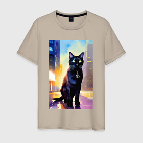 Мужская футболка хлопок с принтом Чёрный котяра с медальоном   акварель в Екатеринбурге, 100% хлопок | прямой крой, круглый вырез горловины, длина до линии бедер, слегка спущенное плечо. | 