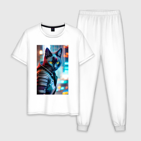 Мужская пижама хлопок с принтом Модный котик на фоне городских огней , 100% хлопок | брюки и футболка прямого кроя, без карманов, на брюках мягкая резинка на поясе и по низу штанин
 | 