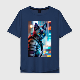 Мужская футболка хлопок Oversize с принтом Модный котик на фоне городских огней , 100% хлопок | свободный крой, круглый ворот, “спинка” длиннее передней части | 