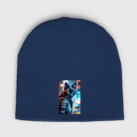 Мужская шапка демисезонная с принтом Модный котик на фоне городских огней в Курске,  |  | Тематика изображения на принте: 