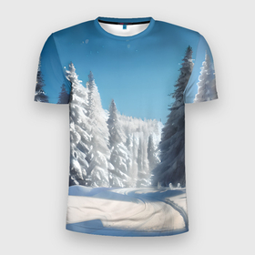 Мужская футболка 3D Slim с принтом Зимний еловый лес в Тюмени, 100% полиэстер с улучшенными характеристиками | приталенный силуэт, круглая горловина, широкие плечи, сужается к линии бедра | 