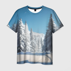 Мужская футболка 3D с принтом Зимний еловый лес , 100% полиэфир | прямой крой, круглый вырез горловины, длина до линии бедер | 