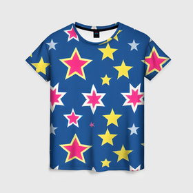 Женская футболка 3D с принтом Звёзды разных цветов в Санкт-Петербурге, 100% полиэфир ( синтетическое хлопкоподобное полотно) | прямой крой, круглый вырез горловины, длина до линии бедер | 